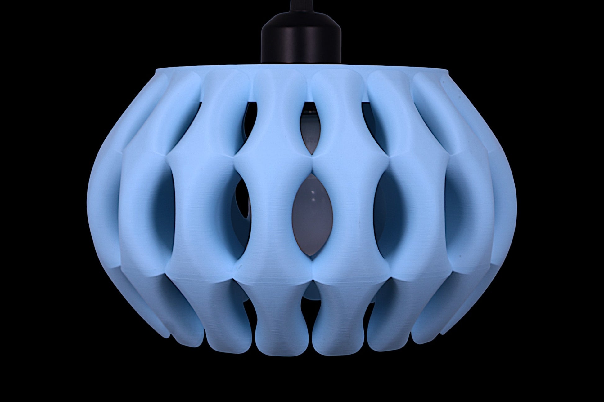 Pendant lamp – 3D printed in ice blue PLA with cage-style shell, curved symmetrical segments surround a unlit bulb