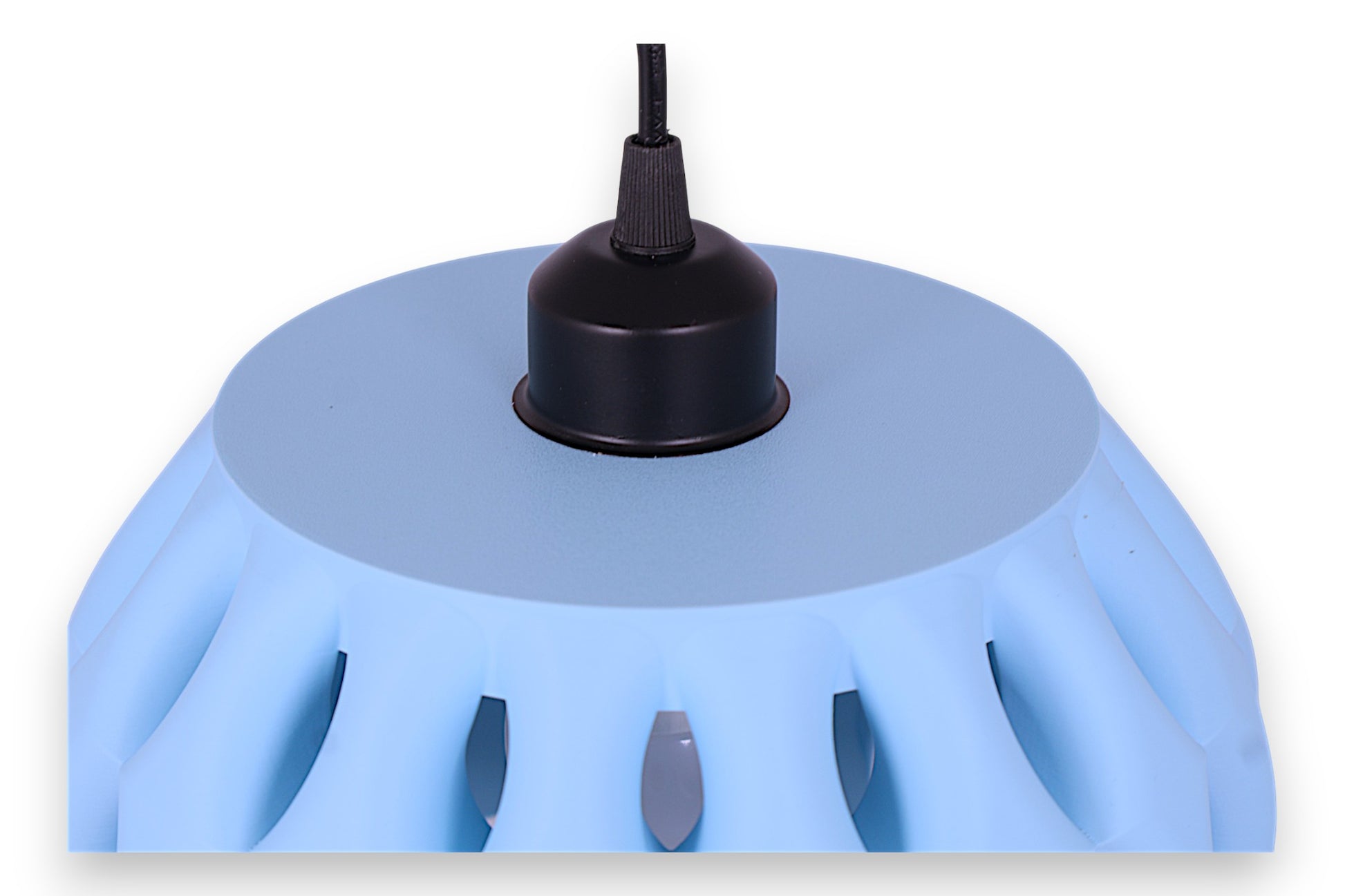 Pendant lamp – 3D printed in ice blue PLA with slatted shell and solid circular top, black cord mount centered
