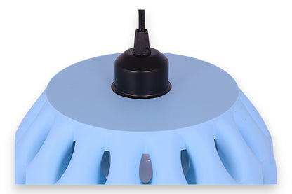 Pendant lamp – 3D printed in ice blue PLA with slatted shell and solid circular top, black cord mount centered
