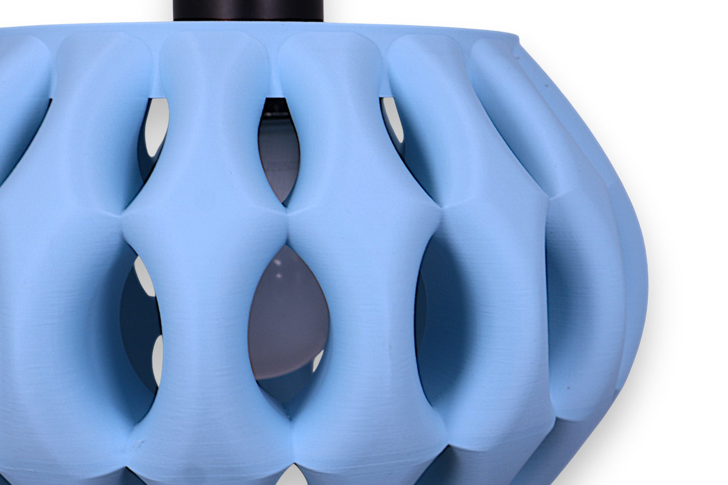 Pendant lamp – 3D printed in ice blue PLA with vertical slat shell, bulb partially visible through evenly spaced openings
