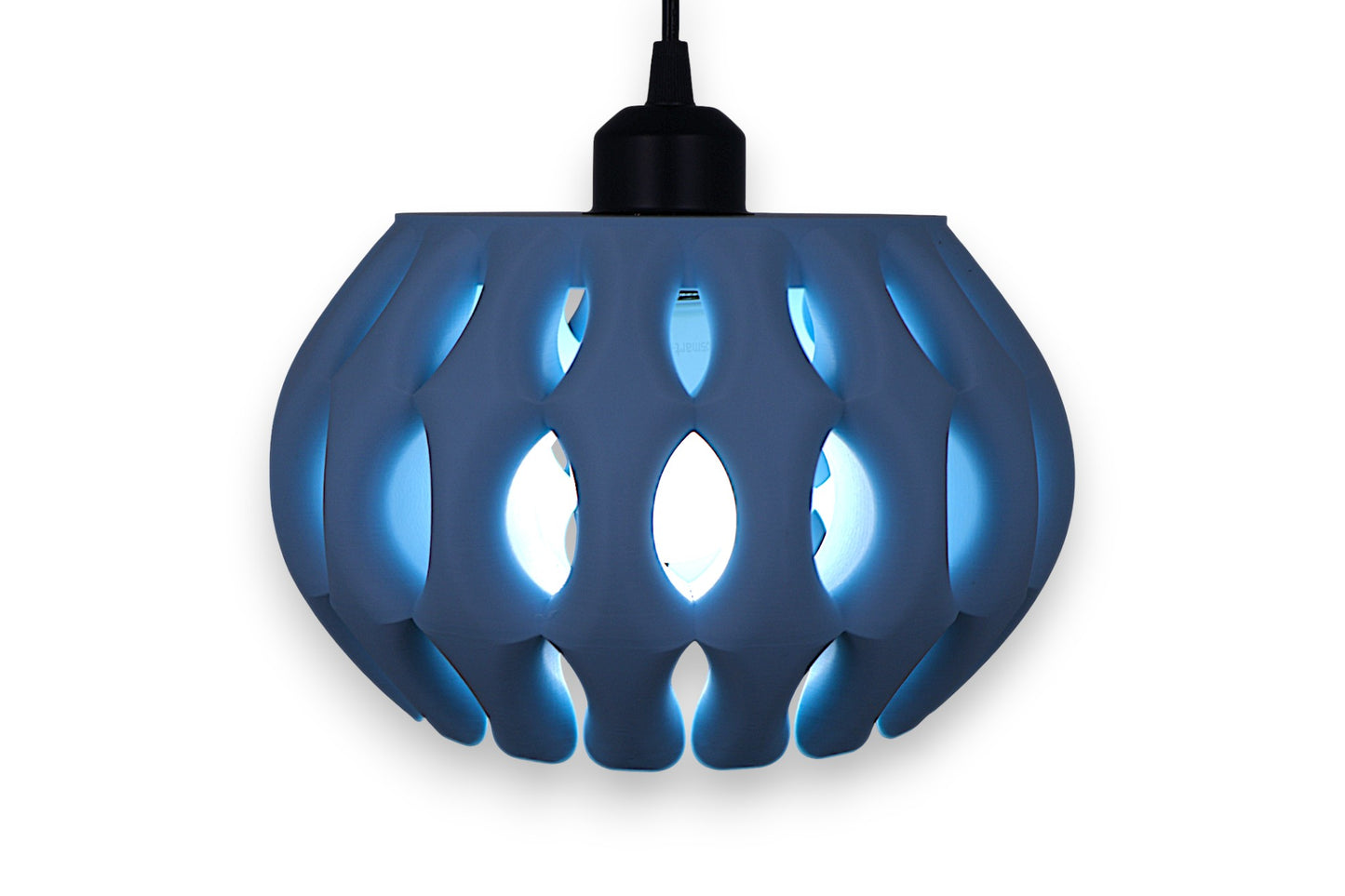 Blue pendant light with a unique geometric design on a white background