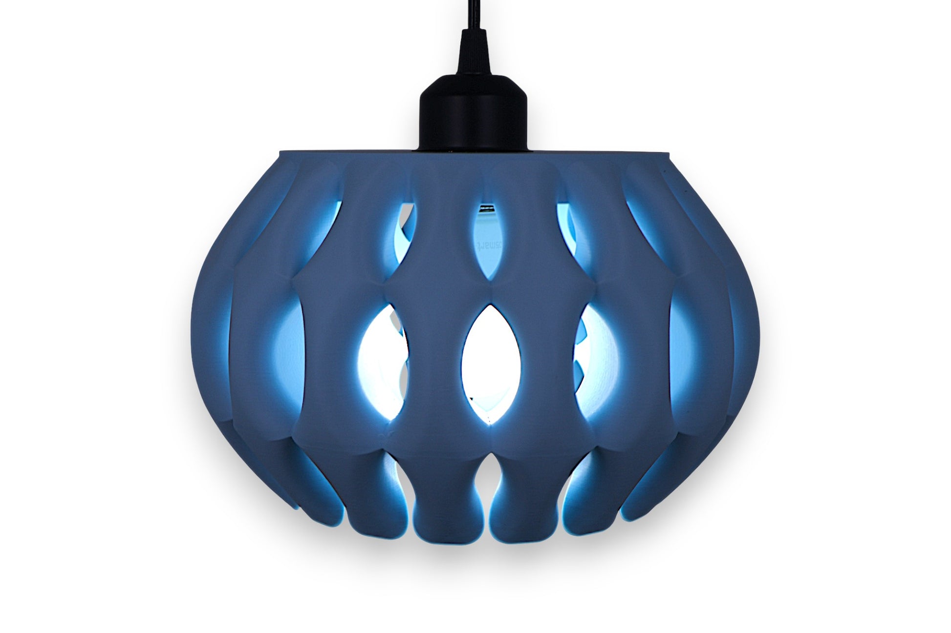 Blue pendant light with a unique geometric design on a white background