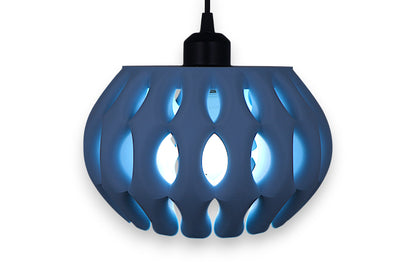 Blue pendant light with a unique geometric design on a white background