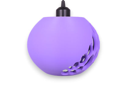 Purple spherical light fixture with cut-out design on a white background