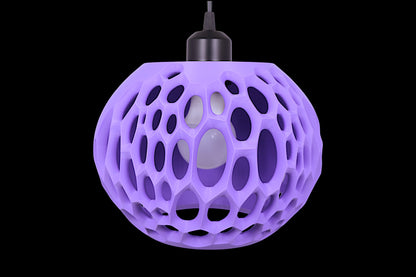 Purple geometric pendant light on a black background