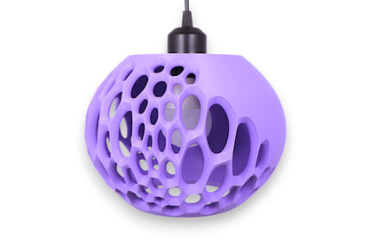 Purple pendant light with a unique geometric design on a white background