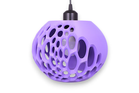 Purple pendant light with a unique geometric design on a white background