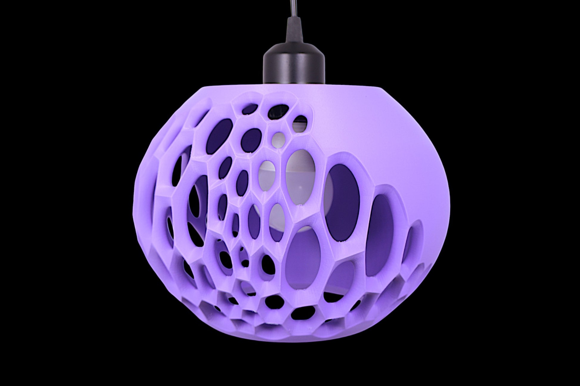 Pendant lamp – 3D printed with purple shell featuring oval and circular cutouts, smooth top and black cylindrical mount
