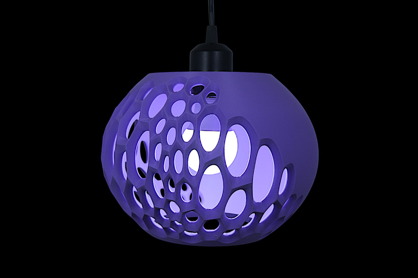 Purple pendant light with a unique geometric design on a black background
