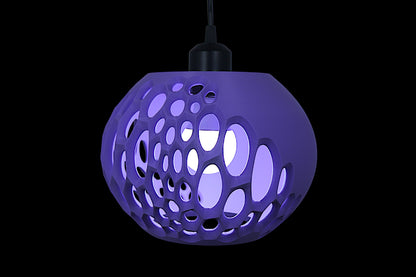 Purple pendant light with a unique geometric design on a black background