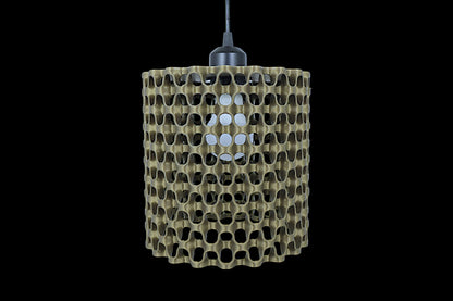 Pendant lamp – 3D printed with cylindrical shell featuring chain-like interlocking pattern and circular cutouts, suspended by black cord
