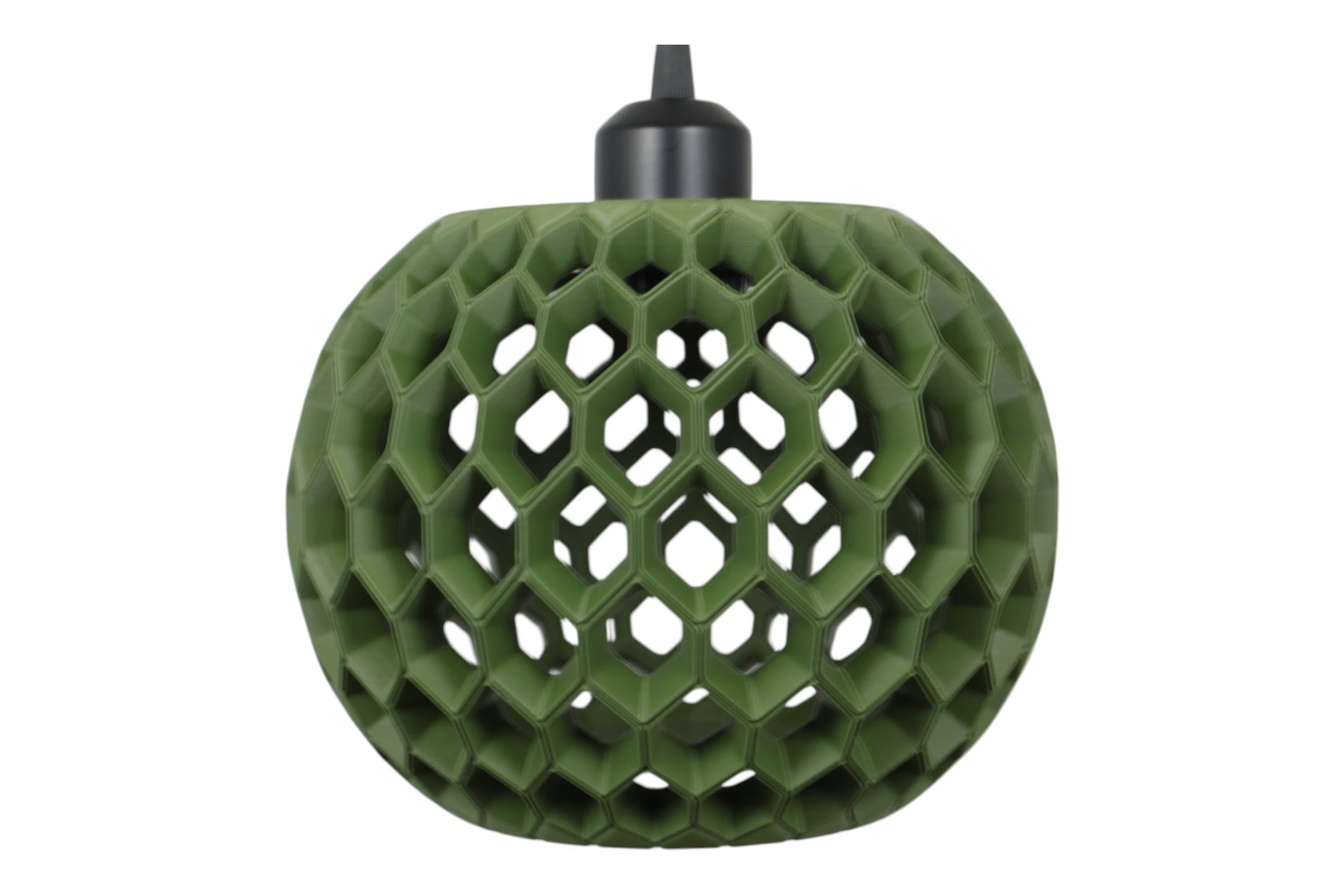Pendant lamp – 3D printed with green honeycomb shell and interlocking hexagonal pattern, matte finish
