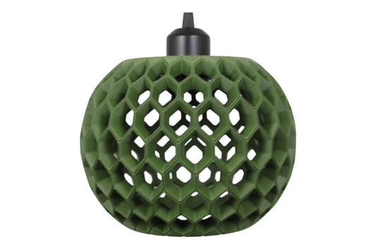 Pendant lamp – 3D printed with green honeycomb shell and interlocking hexagonal pattern, matte finish
