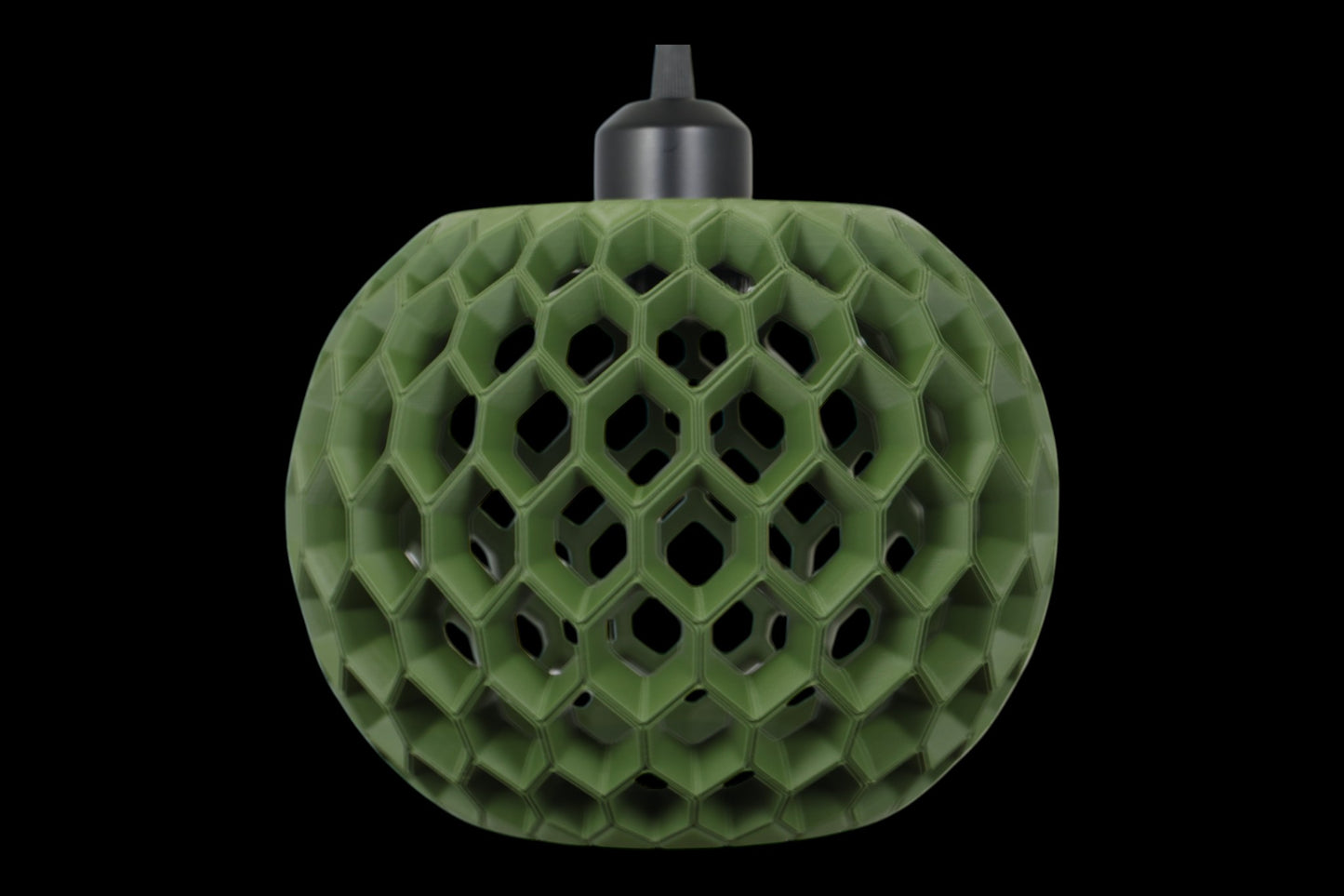 Pendant lamp – 3D printed with green honeycomb shell and interlocking hexagonal pattern, matte finish
