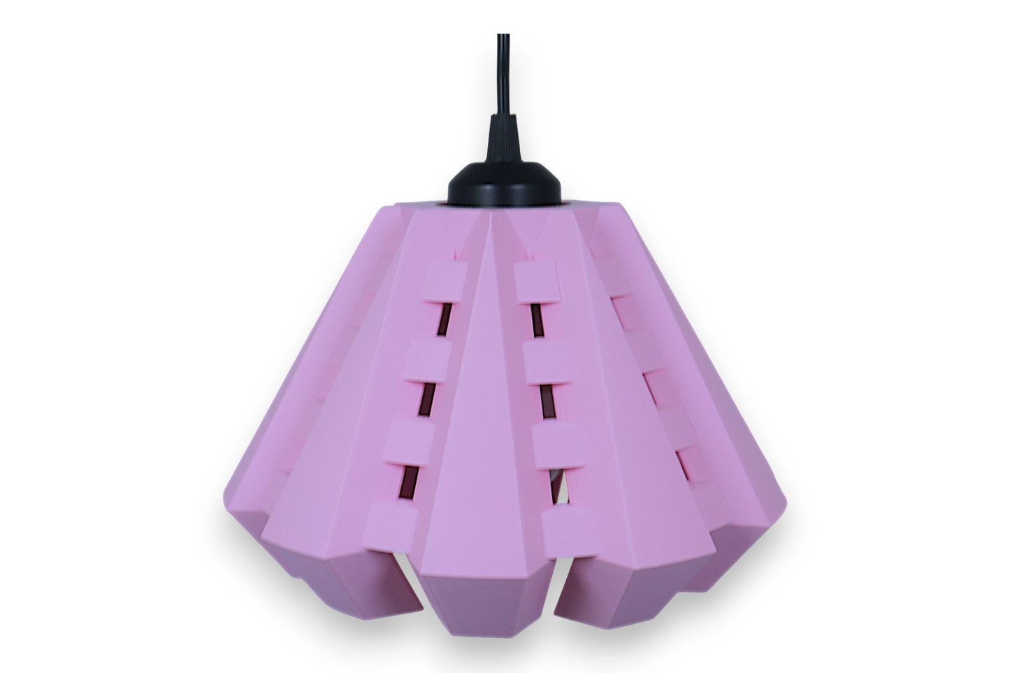 Pendant lamp – 3D printed in pink PLA with faceted shell and rectangular cutouts, black top mount
