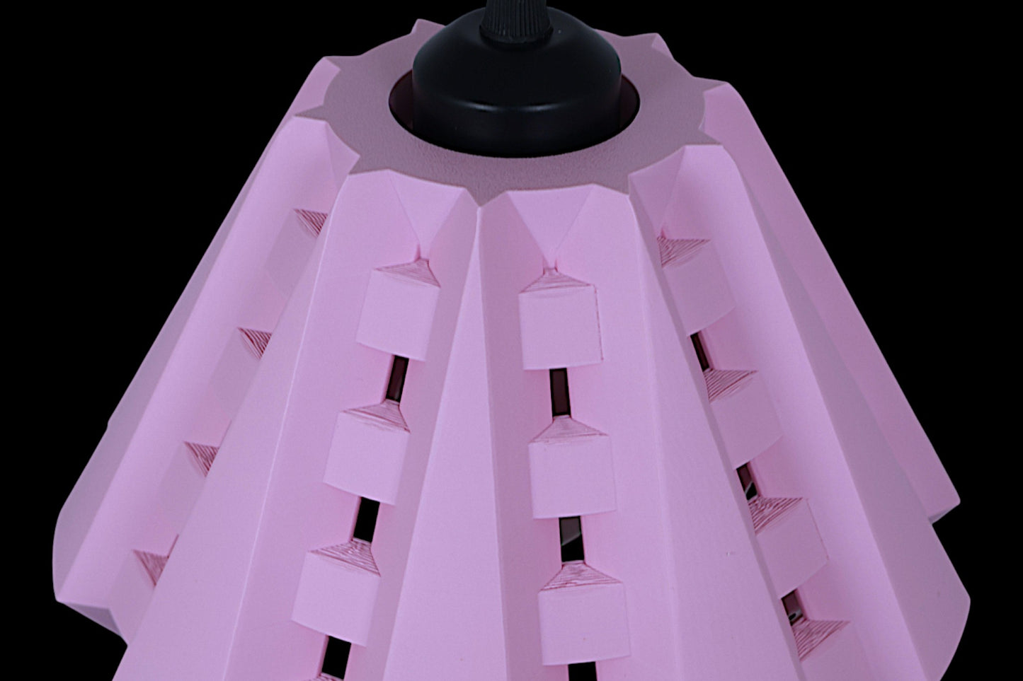 Pendant lamp – 3D printed in pink PLA with tapered vertical panels and rectangular cutouts