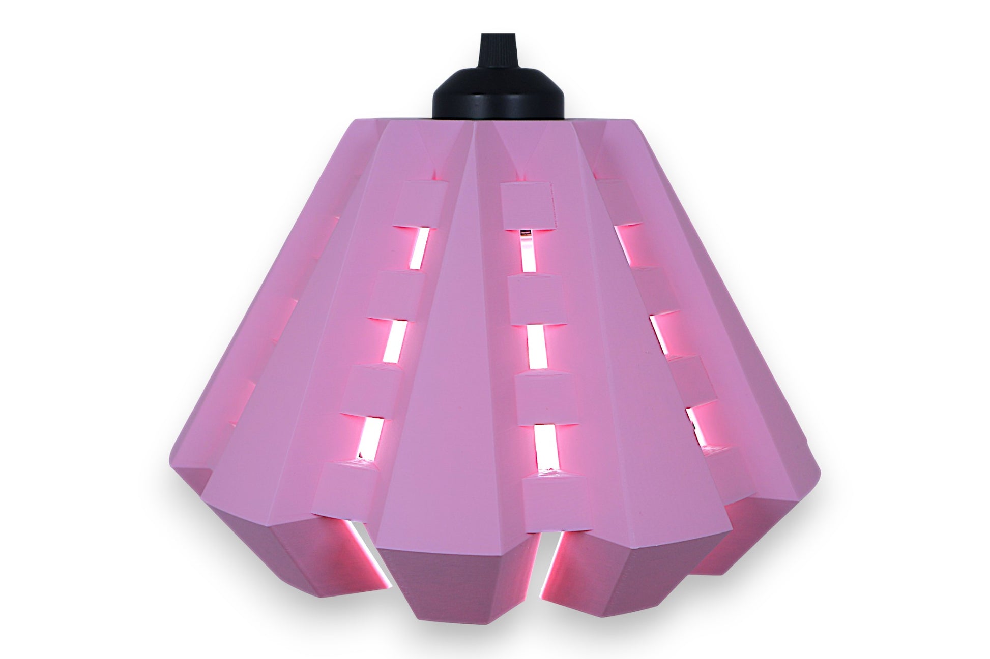 Pink geometric pendant light on a white background