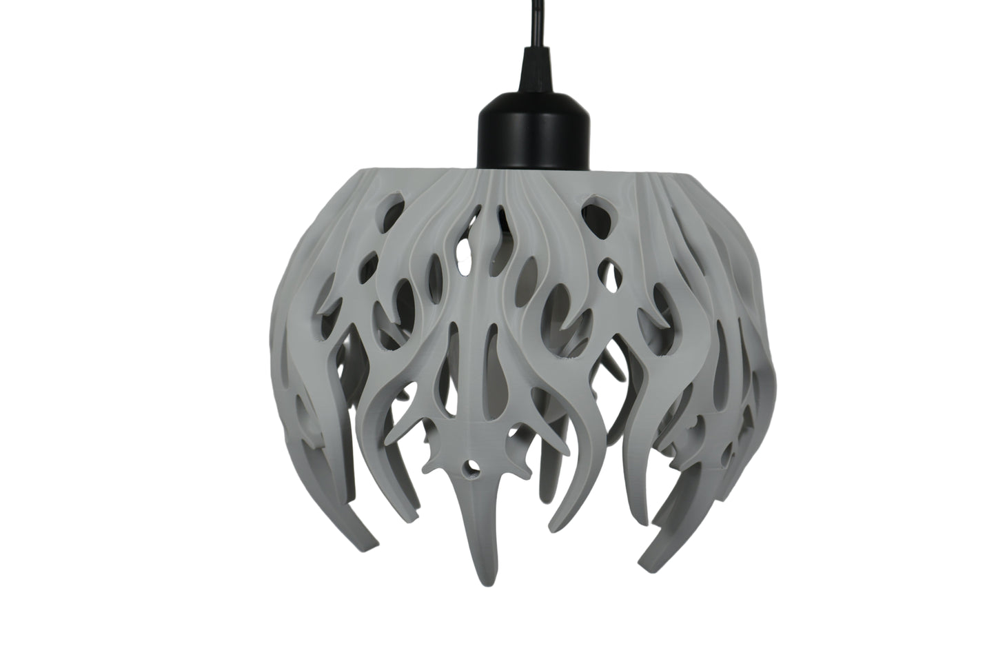 Pendant lamp – 3D printed with light gray shell and flame-inspired cutouts