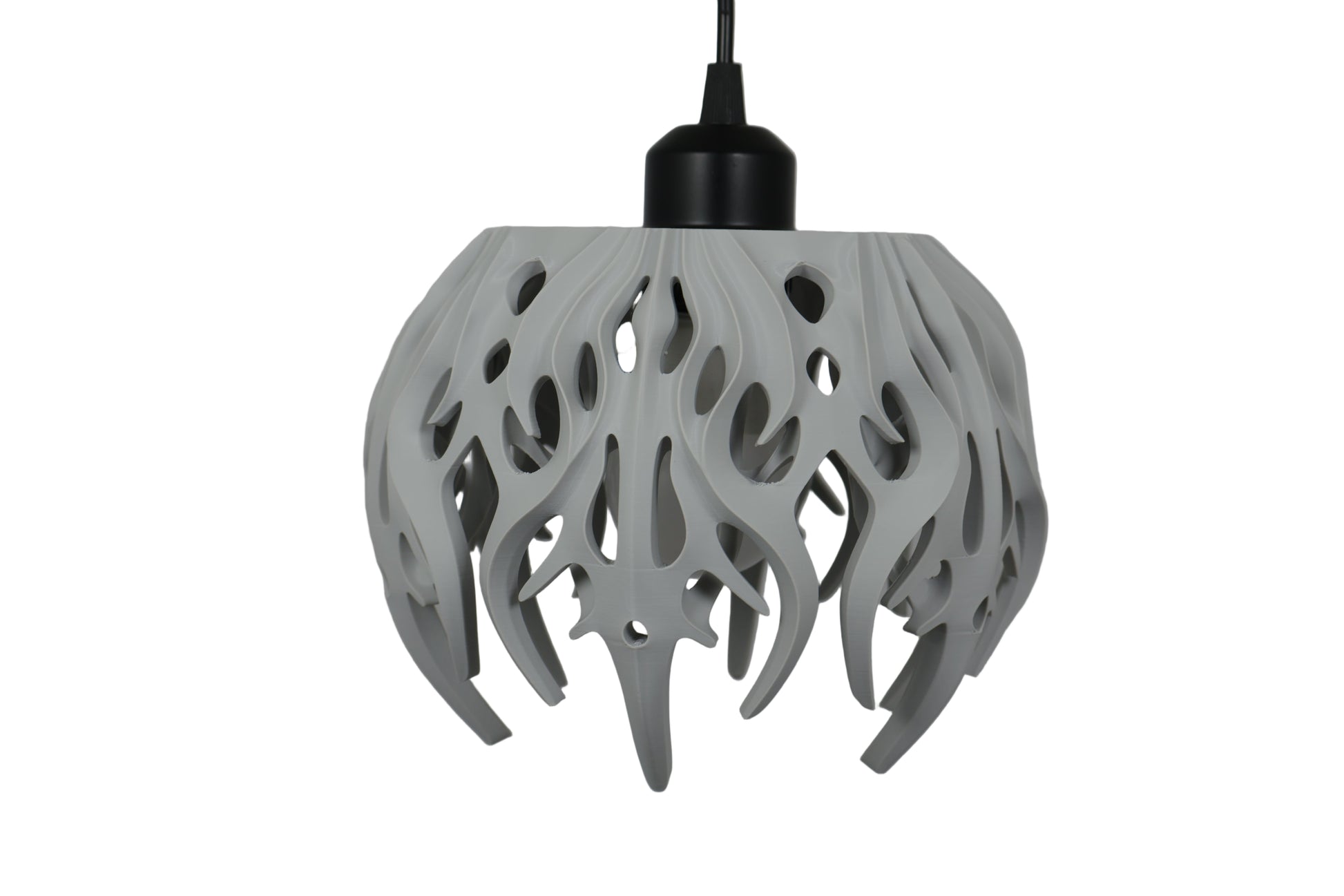 Pendant lamp – 3D printed with light gray shell and flame-inspired cutouts