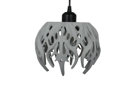 Pendant lamp – 3D printed with light gray shell and flame-inspired cutouts