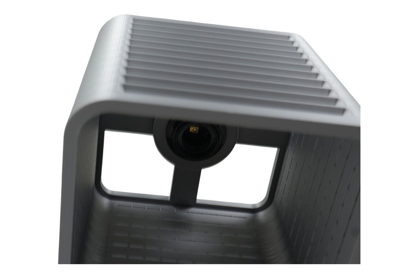 Coro pendant lamp – 3D printed with compact rectangular frame, centered lens and ribbed top and bottom panels

