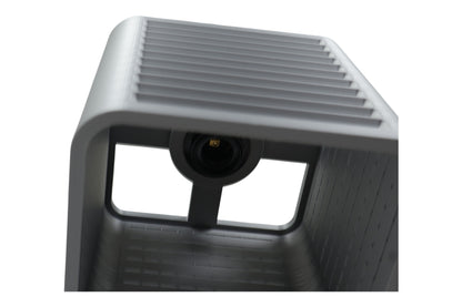 Coro pendant lamp – 3D printed with compact rectangular frame, centered lens and ribbed top and bottom panels

