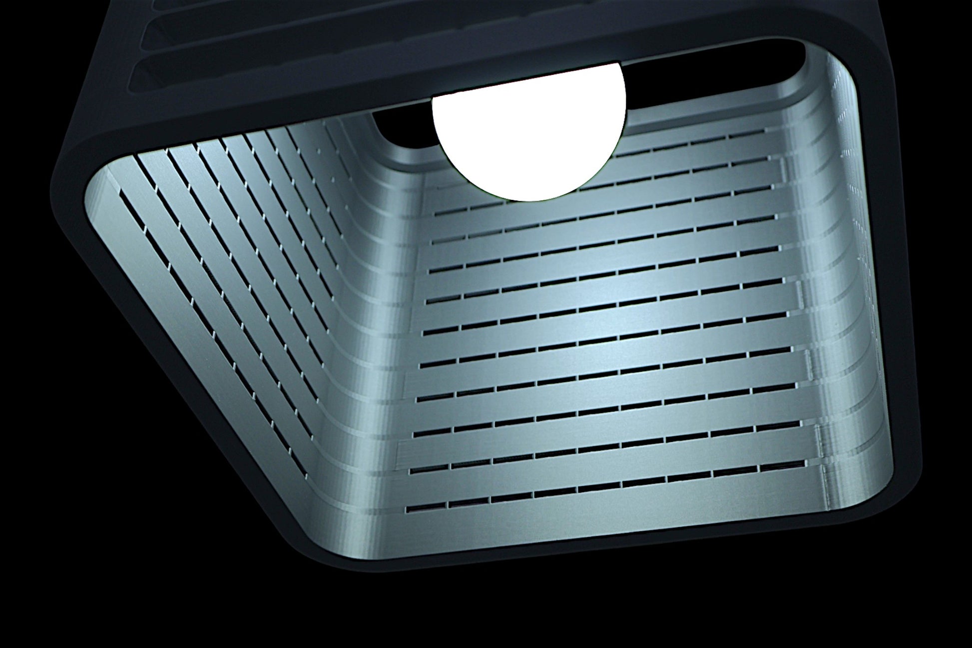 Coro pendant lamp – 3D printed with rectangular silver housing, front slats and grid-textured top, suspended by black cable