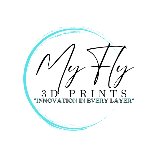 Logo of My Fly 3D Prints with a blue circular design on white background
