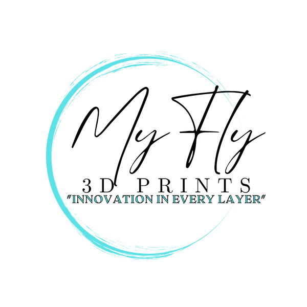 Logo of My Fly 3D Prints with a blue circular design on white background