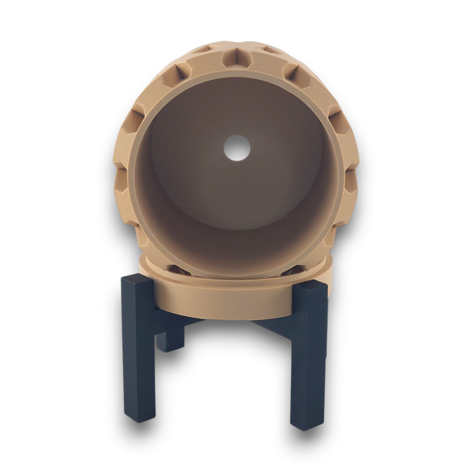 diamond-textured planter on black four-legged stand