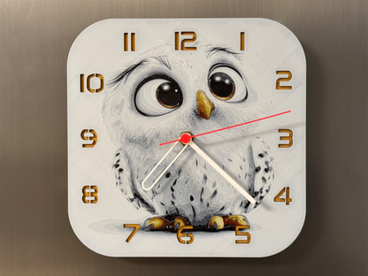 Cute Baby Snow Owl – Square HueForge Clock – Designed by cP3D