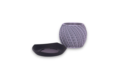Silver PLA planter – 3D printed with spiral texture, shown on black rectangular tray with rounded edges
