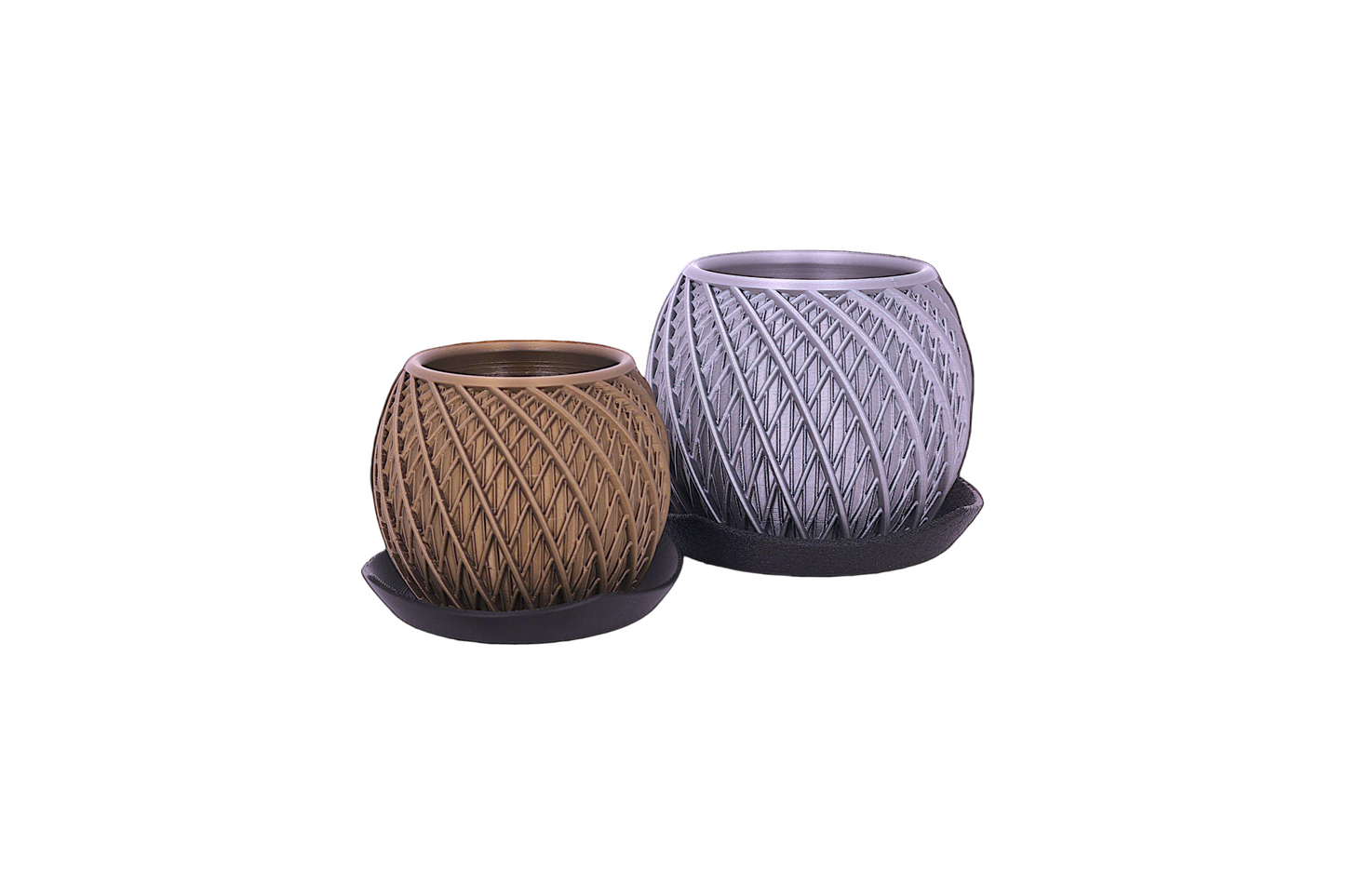 Bronze and silver PLA planters – 3D printed with spiral interwoven texture, each displayed on dark matching tray
