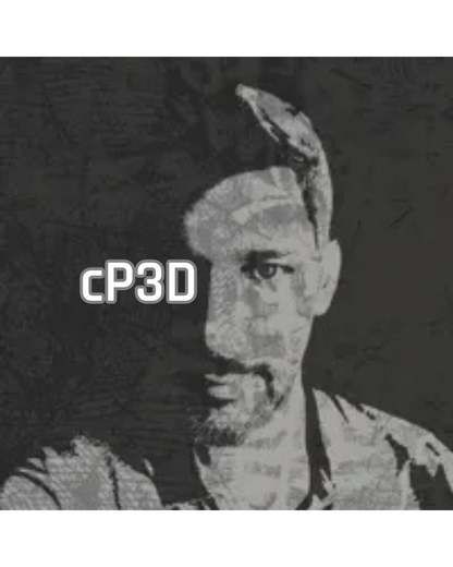 Black and white image with 'cP3D' text overlay