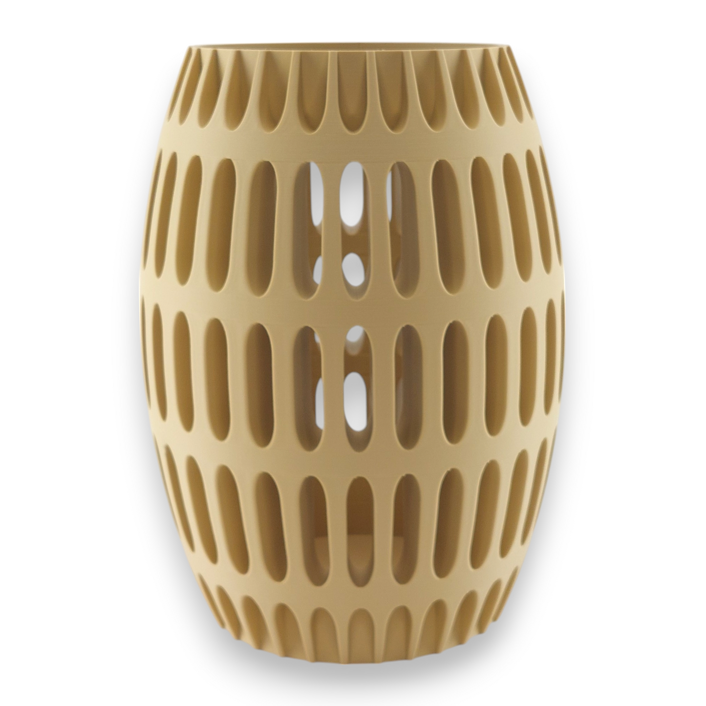 A beige, cylindrical vase with an intricate pattern of elongated oval cutouts arranged in vertical rows. The vase has a modern, geometric design with a smooth surface and a slightly tapered top and bottom. The cutouts create a visually appealing, airy structure that allows light to pass through.