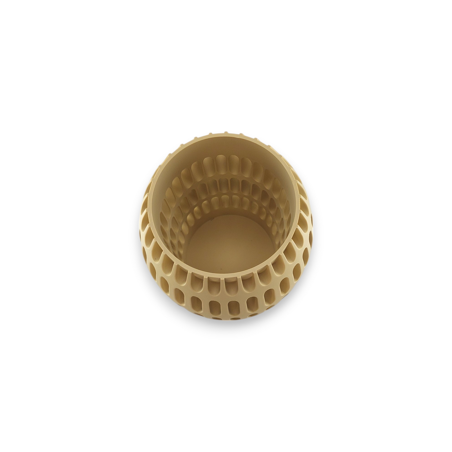 Top view of a beige, cylindrical vase with a perforated design. The vase has a series of evenly spaced, oval-shaped holes around its outer surface, creating a textured pattern. The interior of the vase is smooth, with a solid base.