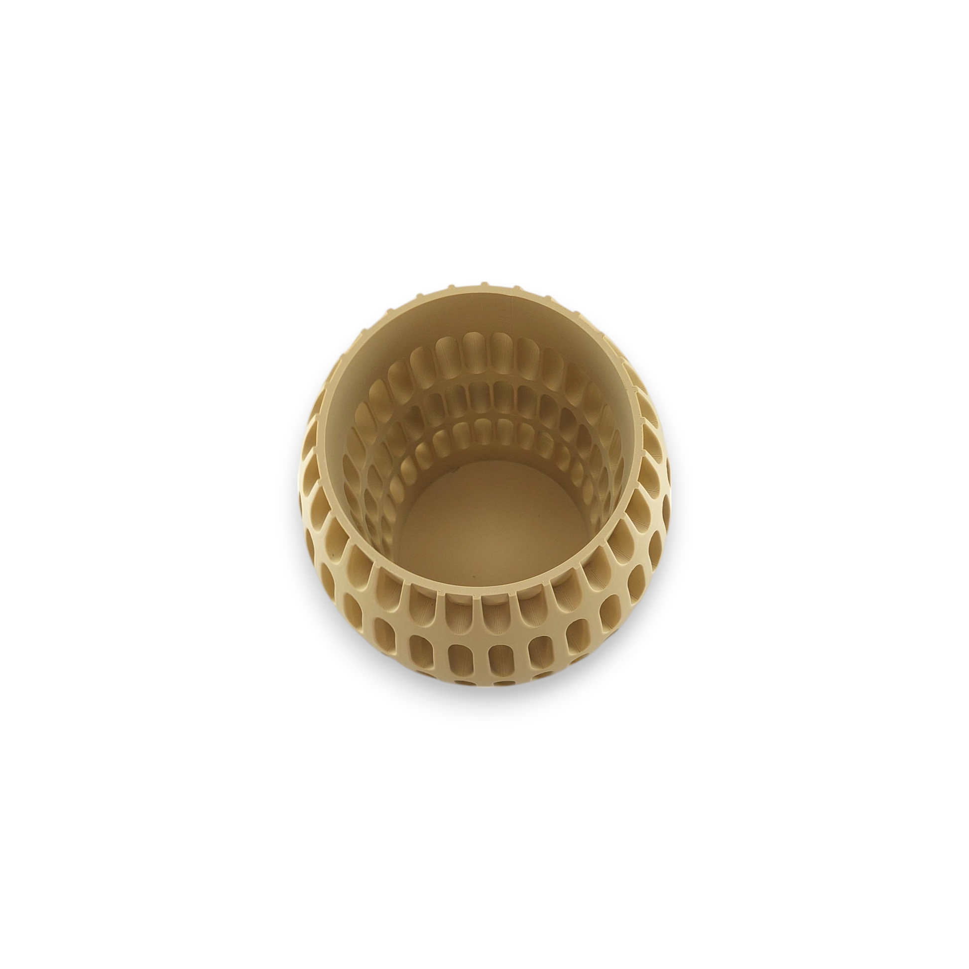 Top view of a beige, cylindrical vase with a perforated design. The vase has a series of evenly spaced, oval-shaped holes around its outer surface, creating a textured pattern. The interior of the vase is smooth, with a solid base.