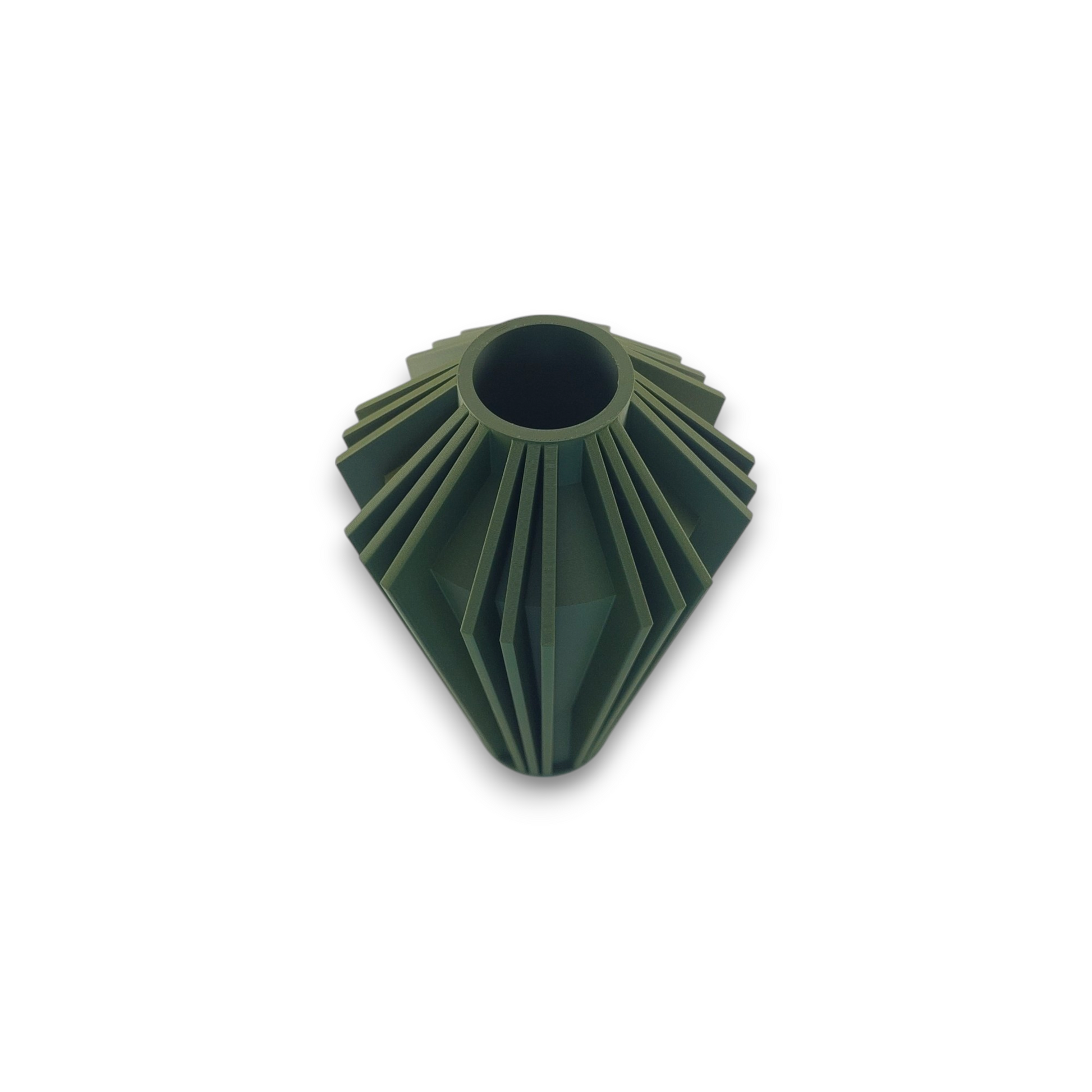 Dark Green PLA vase – 3D printed with elongated tapered body and vertical faceted ridges, symmetrical sculptural form

