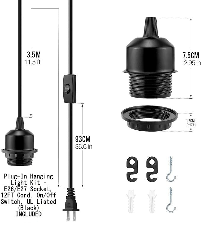 Plug-in hanging light kit – black E26/E27 socket with 12FT cord, inline switch, and mounting hardware, shown with labeled dimensions
