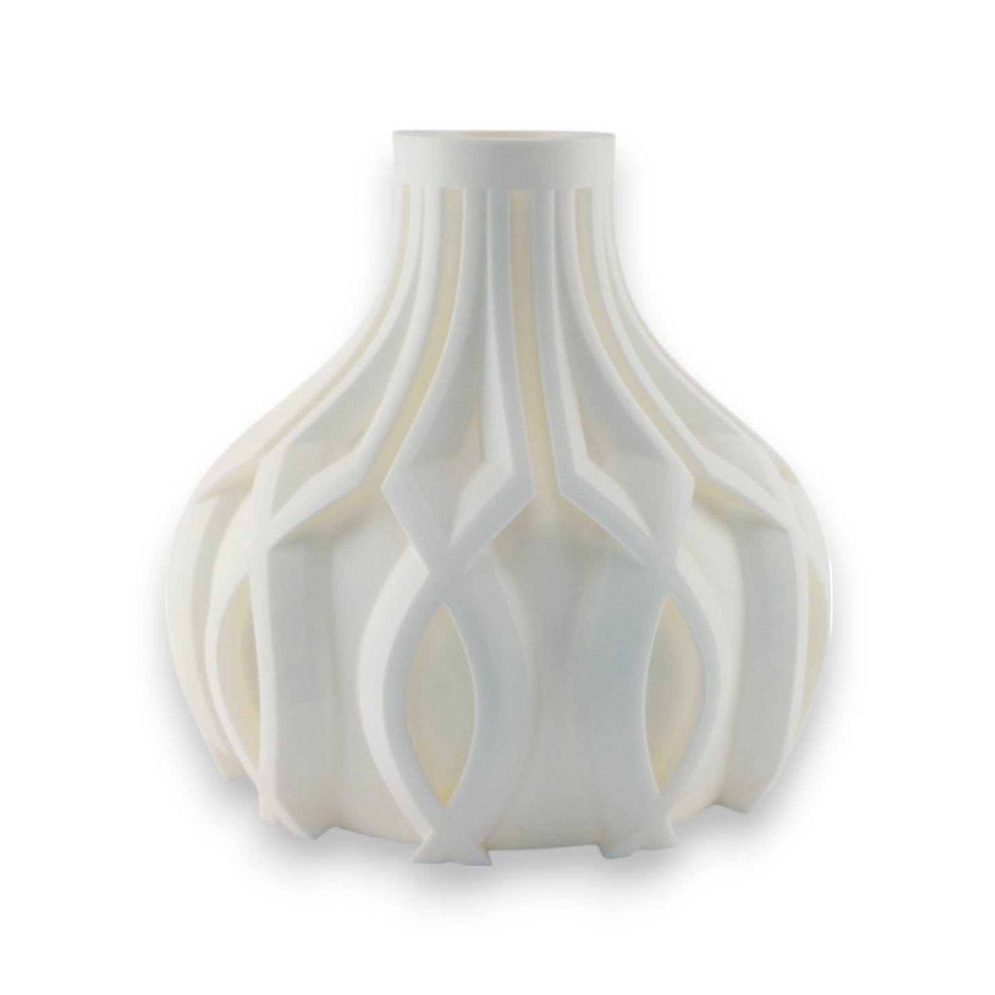 White PLA vase – 3D printed with bulbous base and interwoven lattice texture, tapering to narrow neck
