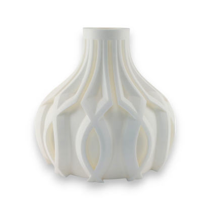 White PLA vase – 3D printed with bulbous base and interwoven lattice texture, tapering to narrow neck
