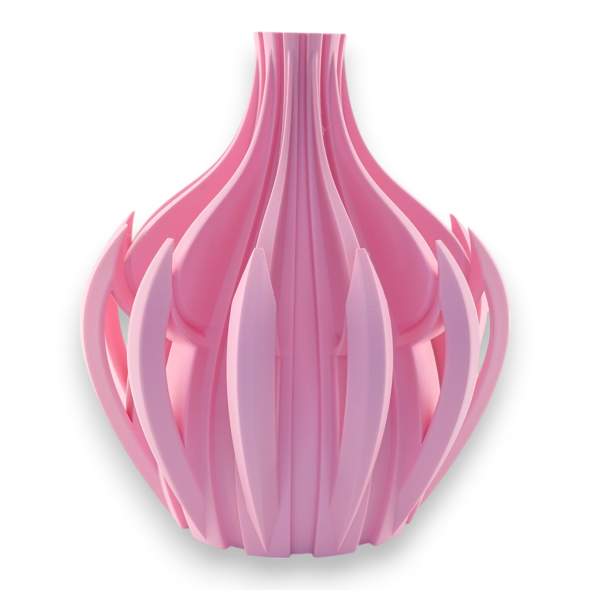 Pink PLA vase – 3D printed with bulbous base and vertical petal-like blades tapering to narrow neck, sculptural glossy finish
