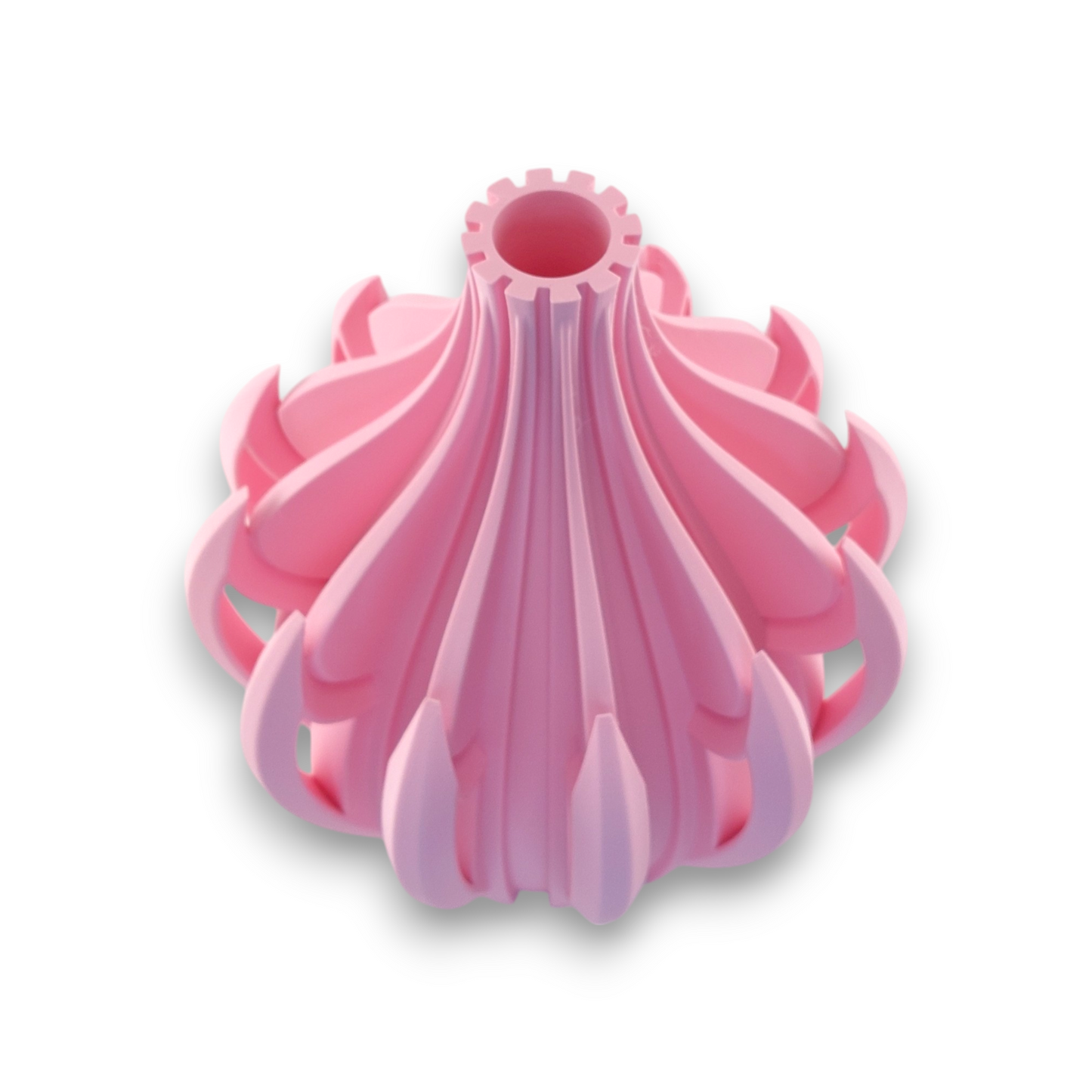 Pink PLA vase – 3D printed with bulbous base and vertical petal-like blades tapering to narrow neck, sculptural glossy finish
