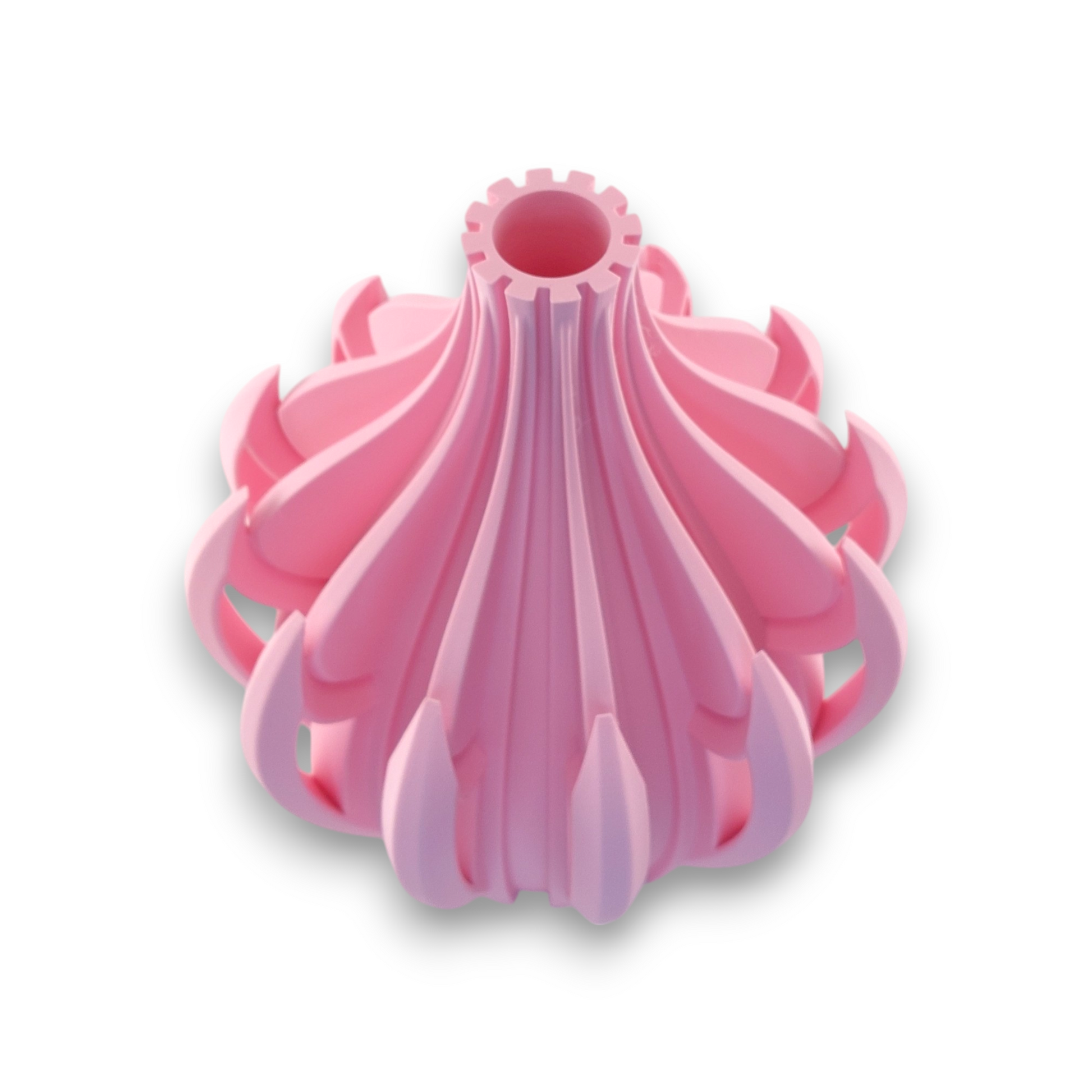 Pink PLA vase – 3D printed with bulbous base and vertical petal-like blades tapering to narrow neck, sculptural glossy finish
