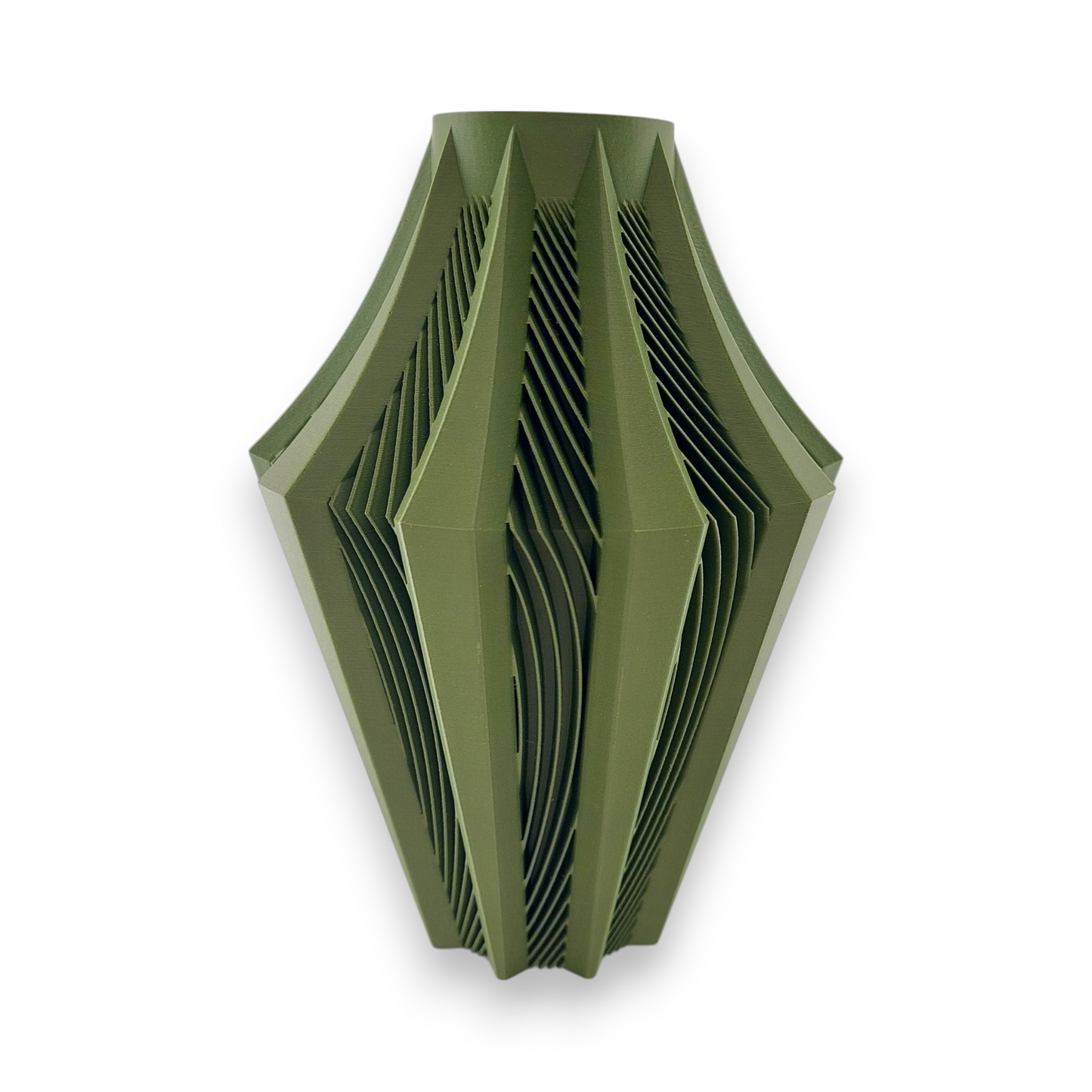 Olive green PLA vase – 3D printed with tapered body and angular faceted panels, accented with black inner ridges

