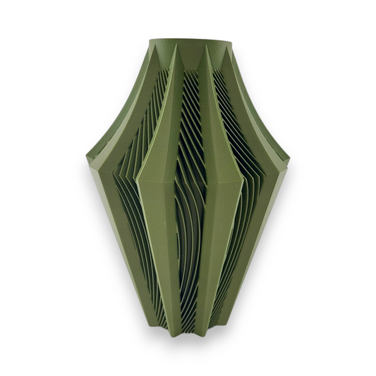 Olive green PLA vase – 3D printed with tapered body and angular faceted panels, accented with black inner ridges
