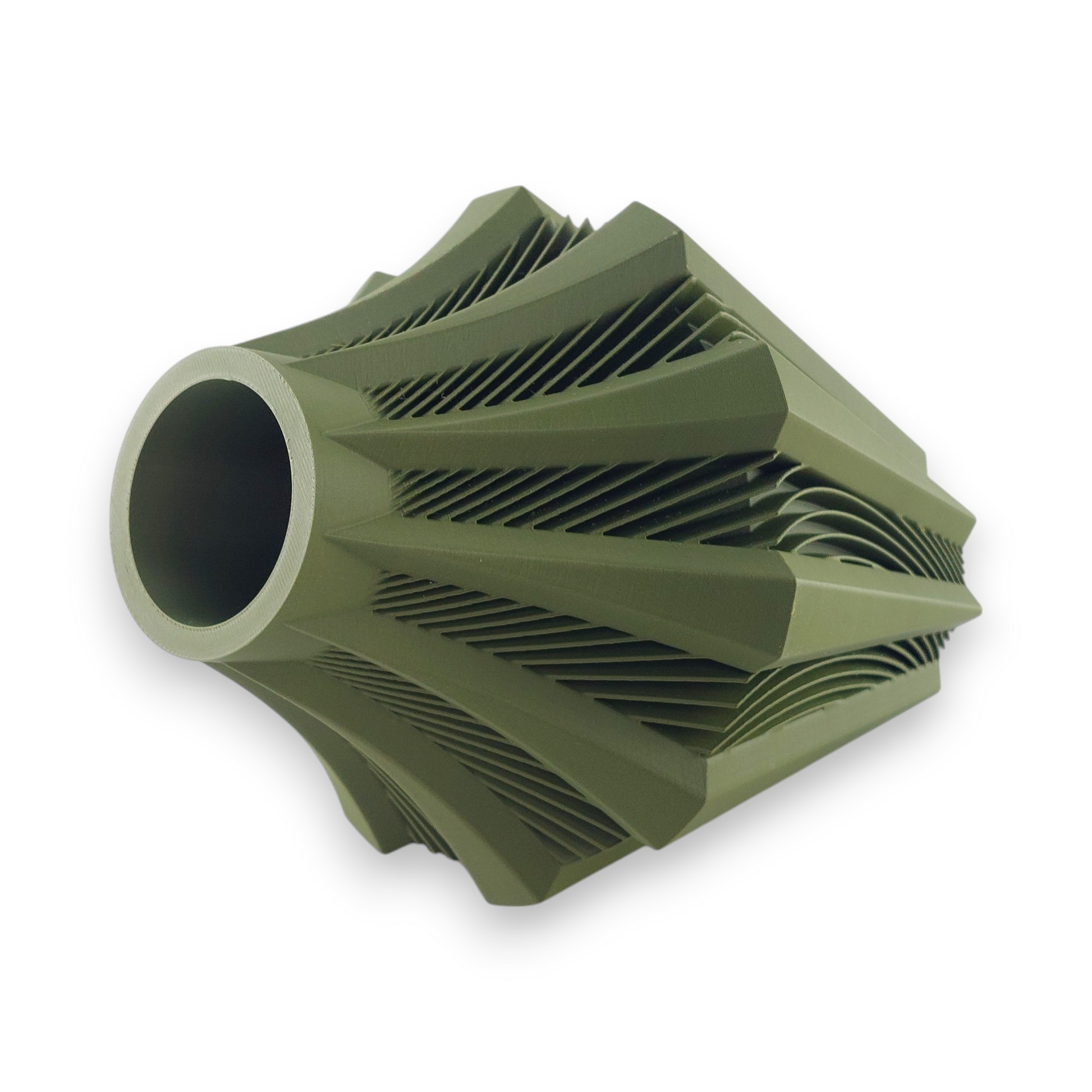 Olive green PLA vase – 3D printed with tapered body and angular faceted panels, accented with black inner ridges
