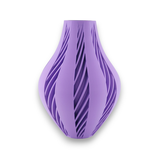 A purple vase with a unique, modern design featuring twisted, vertical slats that create an intricate, open pattern. The vase has a bulbous shape with a narrow top and bottom, and the slats give it a dynamic, flowing appearance.