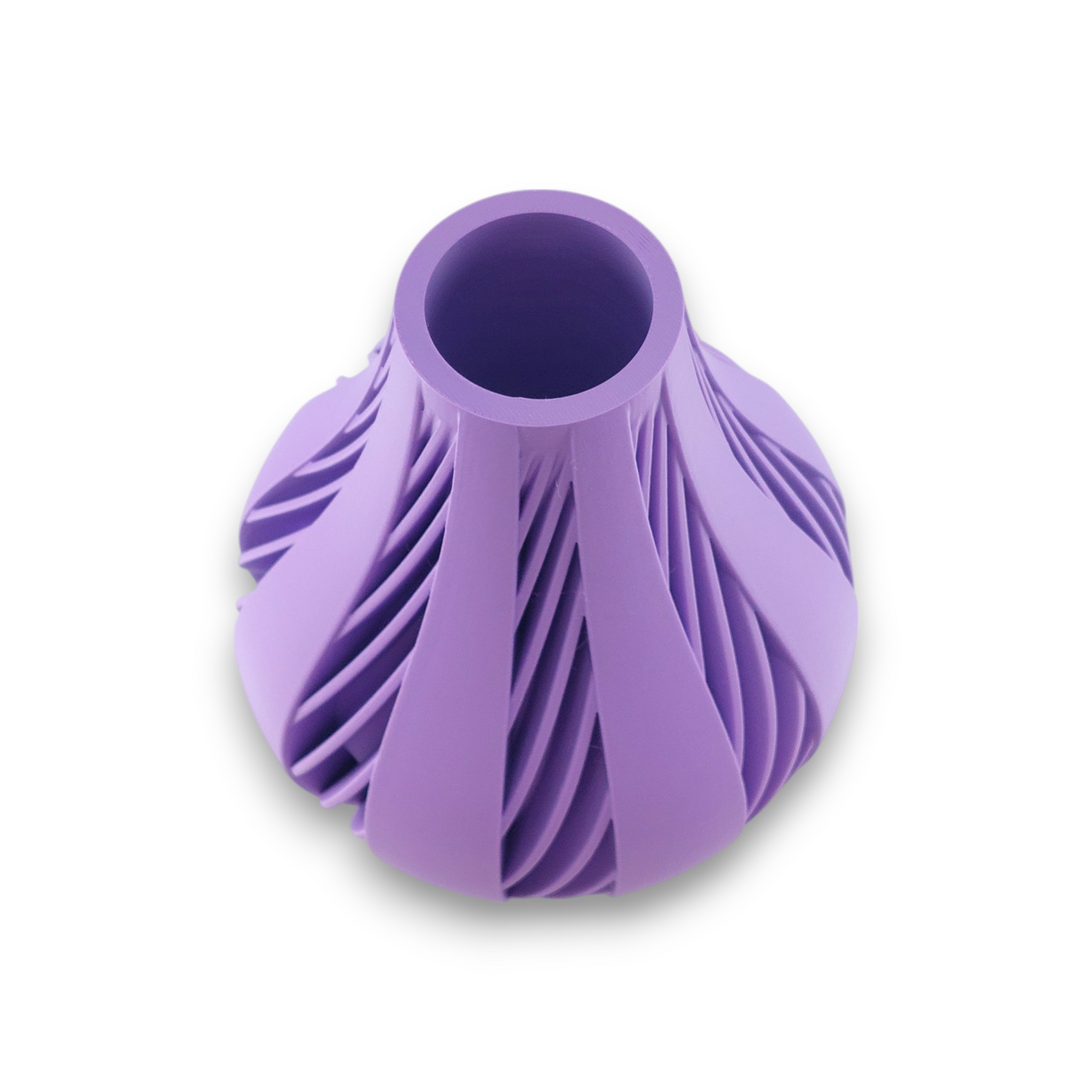 Purple PLA vase – 3D printed with bulbous body and overlapping vertical ribbon texture, symmetrical sculptural form
