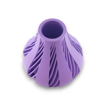 Purple PLA vase – 3D printed with bulbous body and overlapping vertical ribbon texture, symmetrical sculptural form
